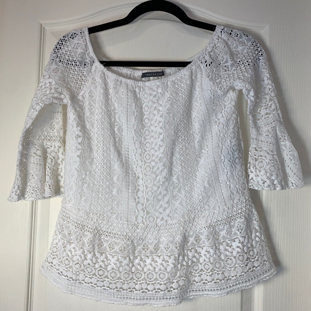 Boho‎ Cottagecore Lace Blouse – White Crochet Lace Top 70s Style S